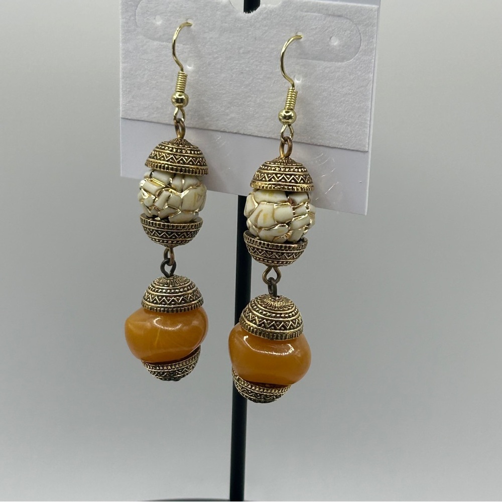 Bohemian Gold and Cream Beaded Earrings